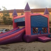 2-in-1 combo, a pink castle bounce house with a slide, you can rent it at A1EconomyPartyRental
